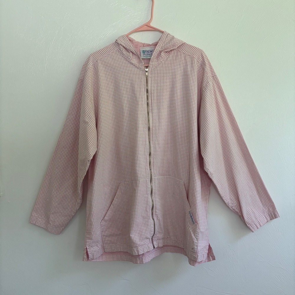 Vintage Fresh Produce Pink White Gingham Zip Up Hooded Jacket Women Size XL